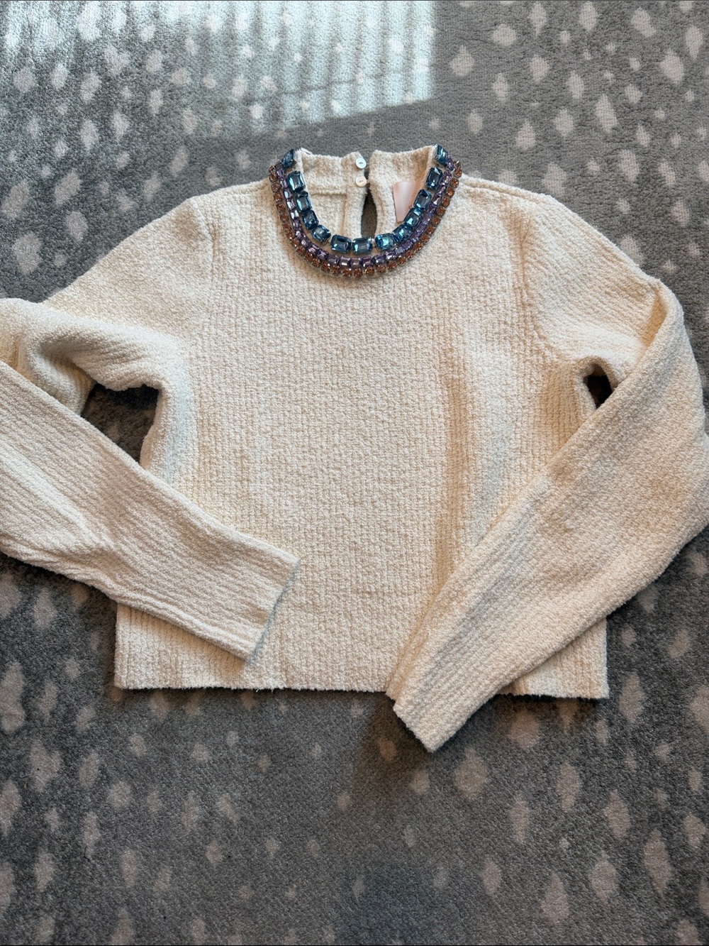 Cinq a sept Beaded Jewel Neck Cream Bouclé Sweater - size small